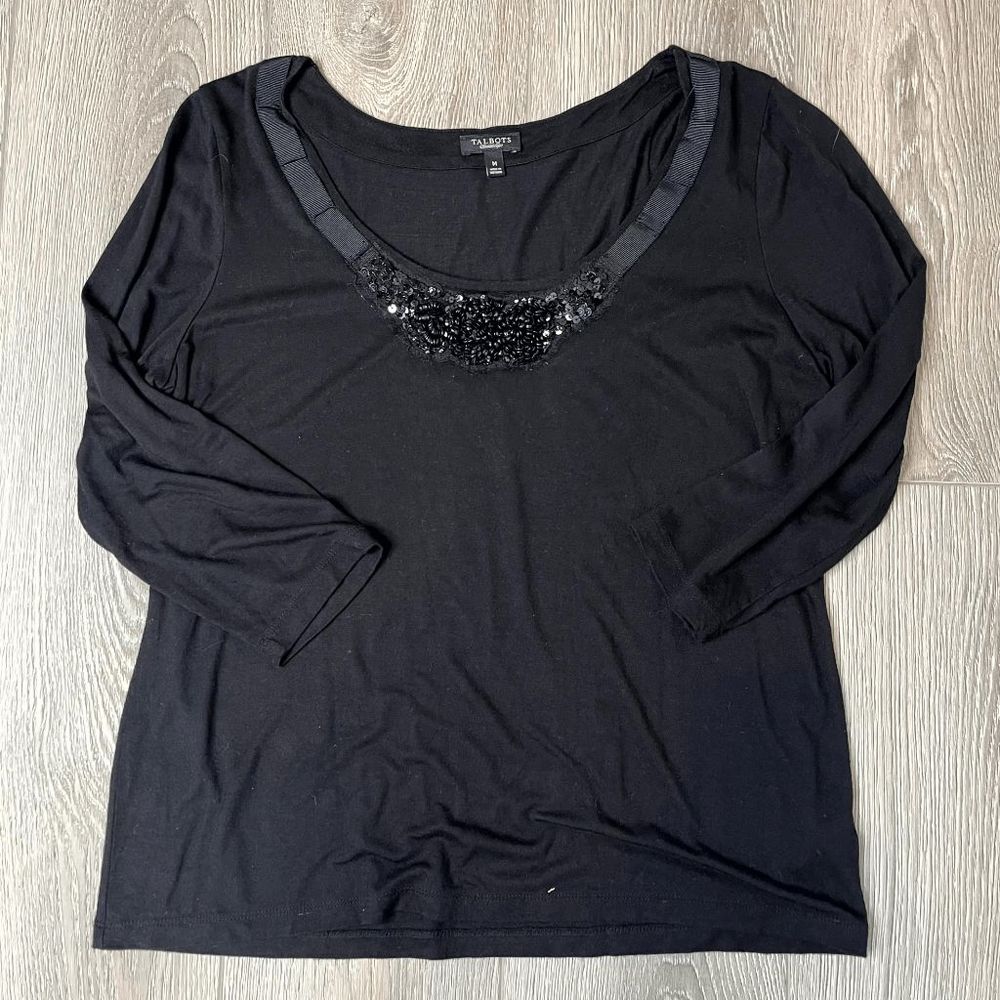 Talbots Scoop Neck‎ Sequins 3/4 sleeves Black Top Size Medium